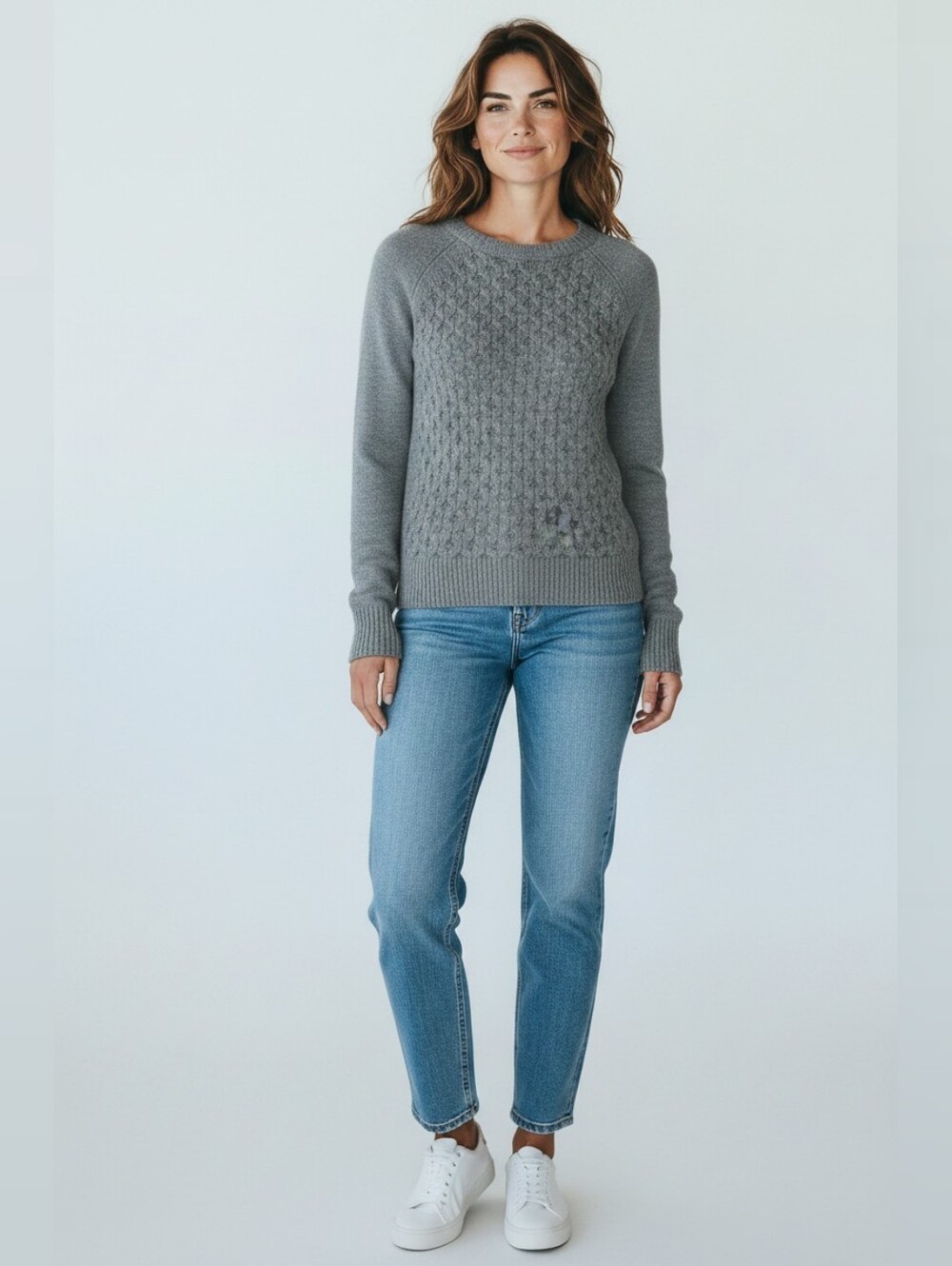 Moncler Women's XS Virgin Wool Grey Textured Cable Front Crewneck Sweater